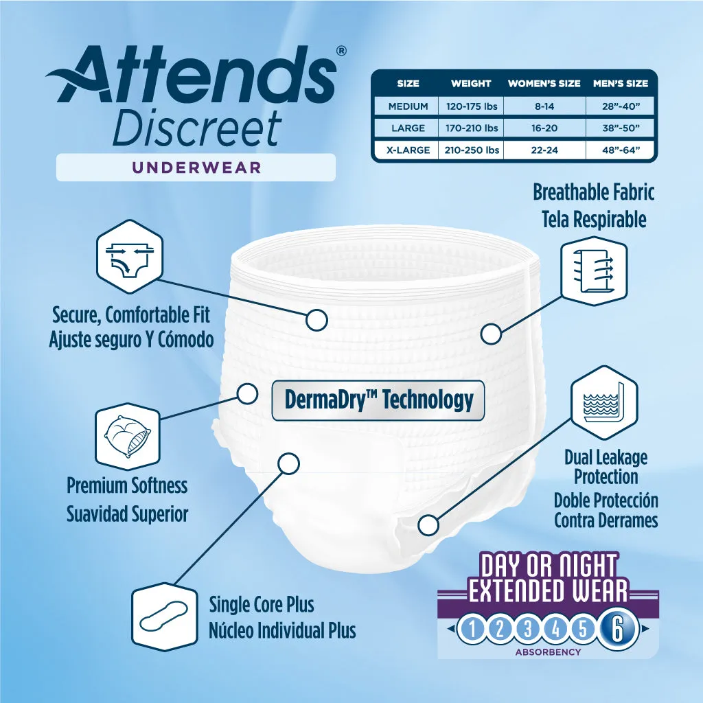 Attends Discreet Day/Night Extended Wear Underwear, Level 6 Absorbency