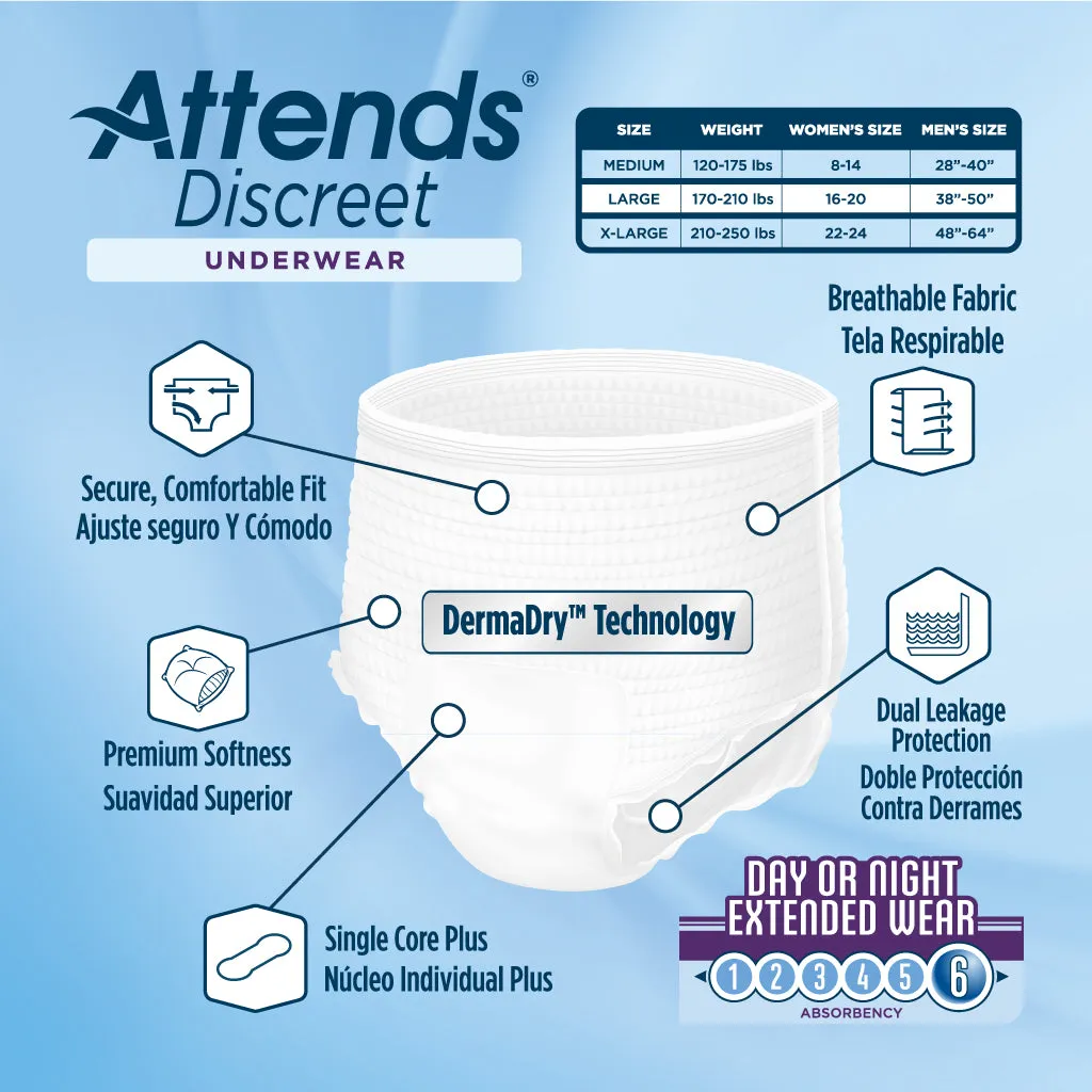 Attends Discreet Day/Night Extended Wear Underwear, Level 6 Absorbency