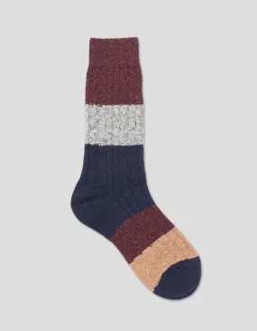 BLOCK STRIPE CABLE WOOL SOCKS - BURGUNDY