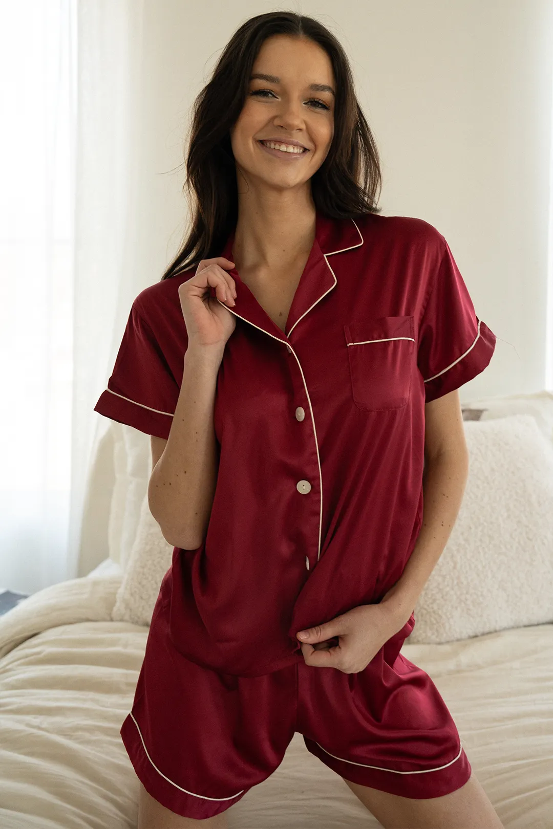 Burgundy Satin Pajamas Shorts Set