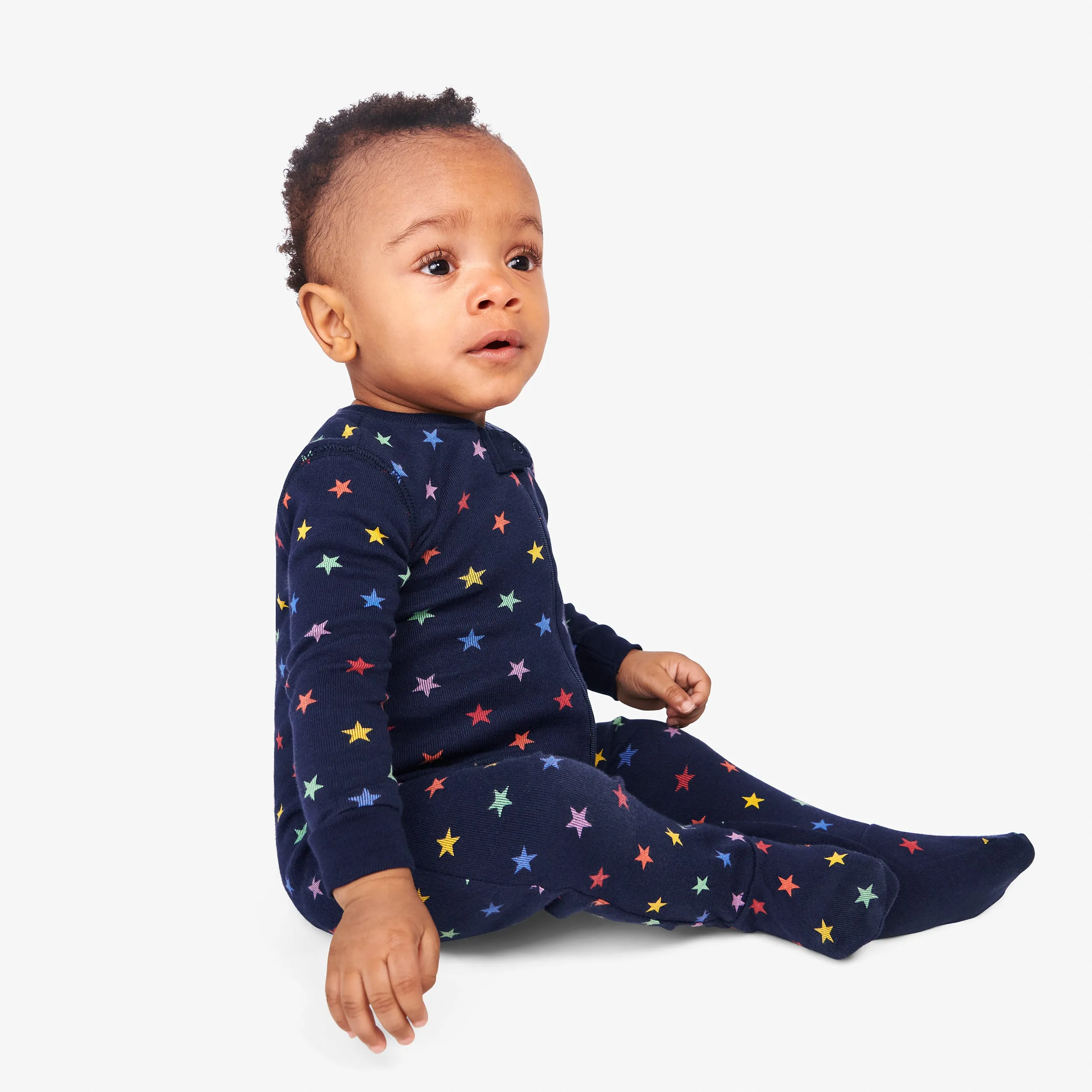 Clearance baby organic zip footie in mini rainbow stars