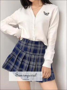 Dark Blue High Waist Pleated Tennis Check Mini Skirt with Underpants