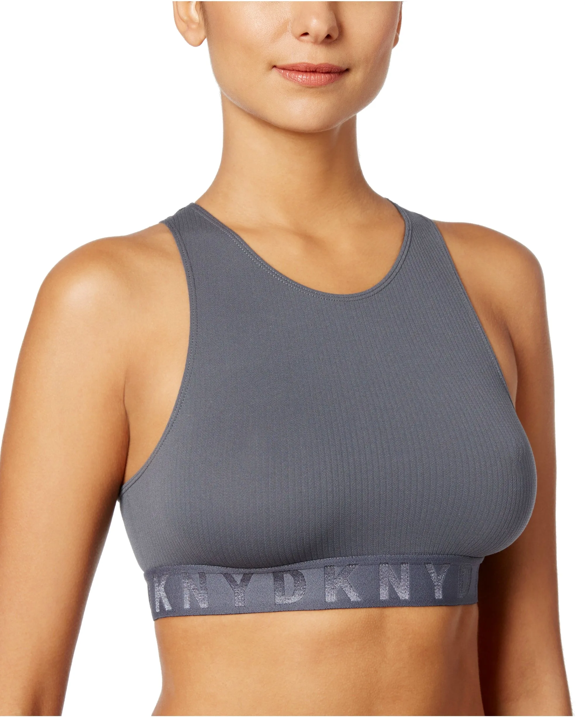 DKNY Women's Litewear Seamless Ribbed Crop Top Bralette, Grey, L